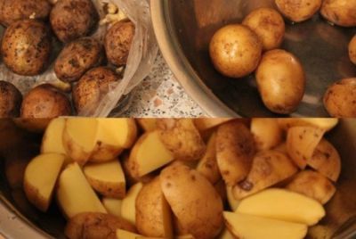 Тщательно помойте картофель щеткой или губкой. Разрежьте каждый клубень на 4-8 долек в зависимости от размера картофелин. Опустите все дольки в кипящую подсоленную воду и варите 2-3 минуты. 

