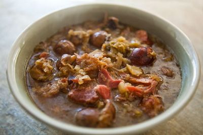 Изображение рецепта ''Картофель тушеный с мясом и грибами в сметанном соусе''